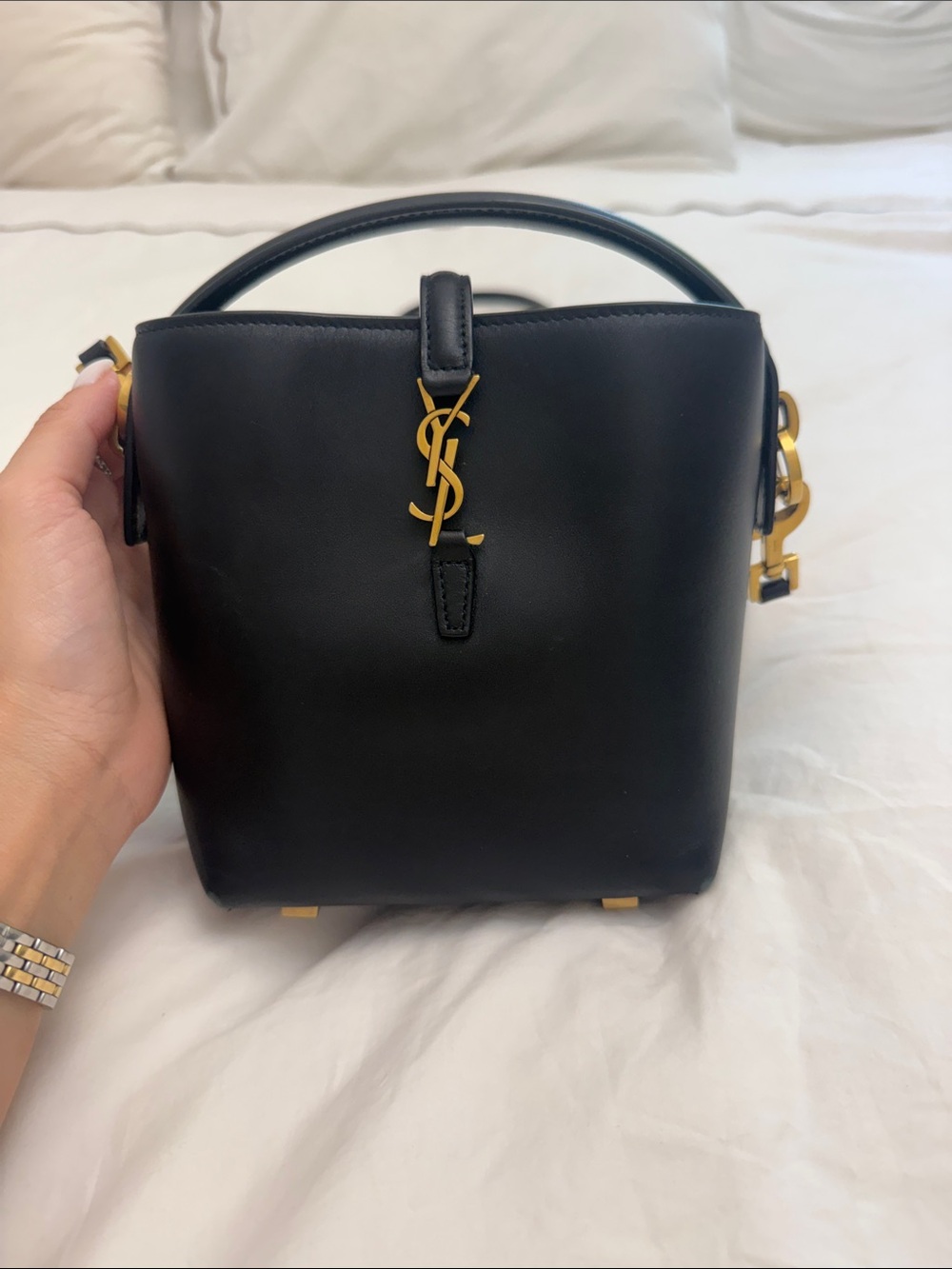 Saint Laurent le 37 Black Leather Mini Bucket Bag with Gold YSL Logo